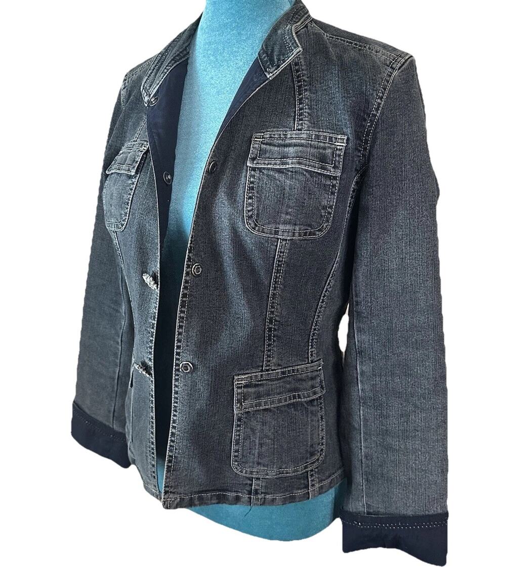 Tahari Jean Jacket S/P Embellished Sparkle Snap Close Medium Wash perfect